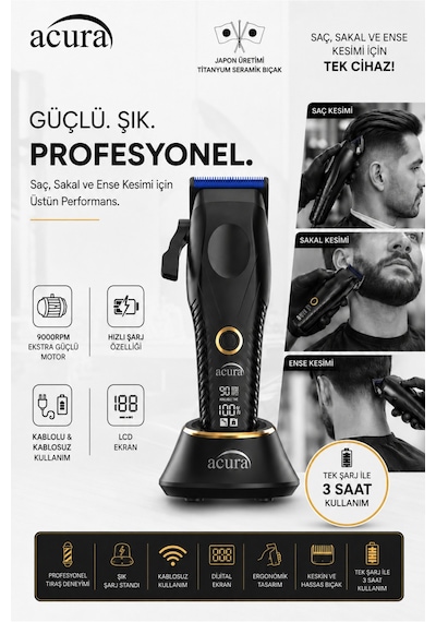Titanyum Seramik Bıçaklı Profesyonel Saç Sakal Ense Tıraş Makinesi