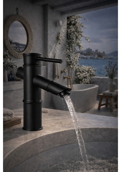 Viosa Lüx Premium Bambu Siyah Banyo Lavabo Musluğu Çeşmesi