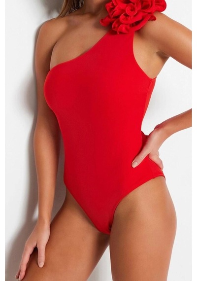Ersefa Kadın Moda Atma Kap Askılı Slip Yaka Zümrüt Yeşili Tek Omuz Çiçek Koyu Kırmızı