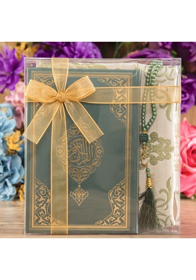 Hediyelik Kuran-ı Kerim, İnci Tesbih, Seccade, Asetat Kutulu 25x18 Cm Mevlid Paketi-yeşil