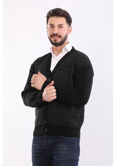 Kzctekstil Erkek Baba Triko Örgü Çift Cepli Akrilik Klasik Fit Düğmeli Hırka Siyah
