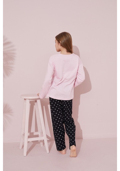 Siyah İnci Pamuklu Örme Pijama Takım 24241101 Pembe