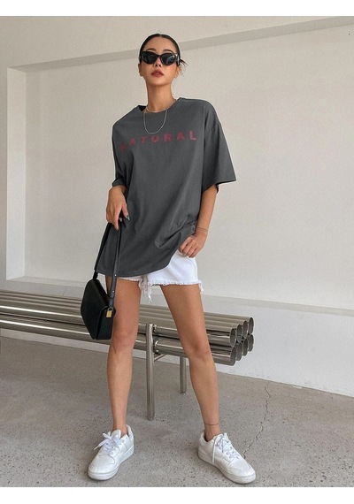 Füme Oversize Natural T-shirt - Oversize Baskılı Füme