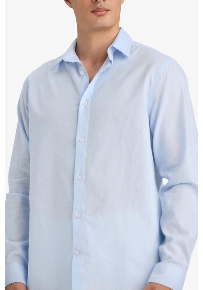 Defacto Regular Fit Polo Yaka Keten Karışımlı Yazlık Uzun Kollu Gömlek E0518ax25smbe656 Mavi