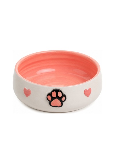 Tekli Seramik Pati Desenli 600 Ml Pembe-mama Kabı Kedi Köpek Mama Su Kabı