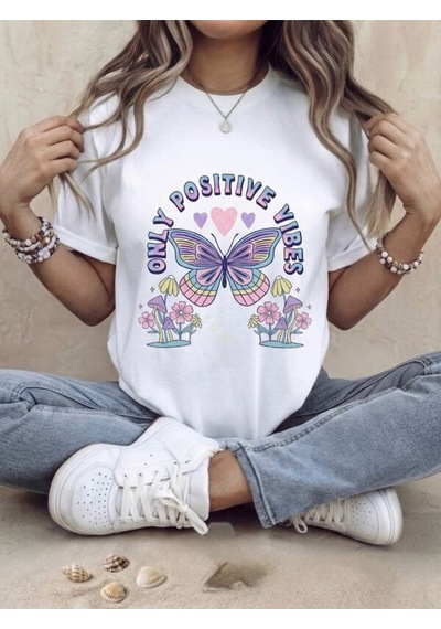 Only Posıtıve Vıbes Baskılı Oversize Kompak T-shirt Beyaz