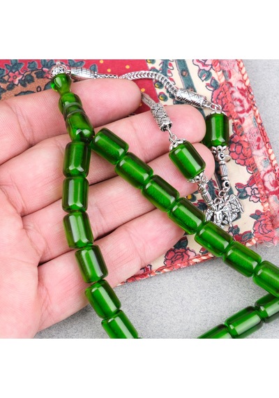 Ateş Kehribar Alpaka Püsküllü Kapsül Kesim 9x12mm Tesbih - Şeffaf Yeşil
