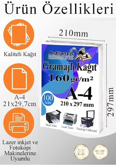 A4 Gramajlı Fotokopi Kağıdı 100 Adet 160 Gr Sertifika Kağıdı Kalın Kağıt Baskı Tüm Yazıcılara Uyumlu 21x29.7cm Ofis Büro