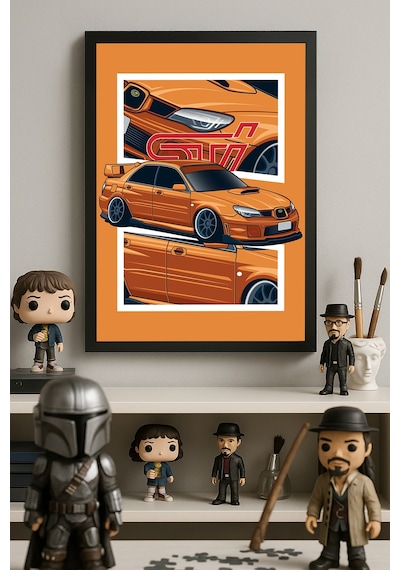 Subaru Wrx Stı Siyah Ahşap Çerçeveli Poster, Dekoratif Araba Duvar Tablosu