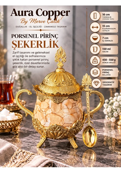 Aura Copper Porselen Pirinç Şekerlik 150 Ml Kapaklı Kaşıklı Kulplu Ayaklı Lokumluk Bej-gold