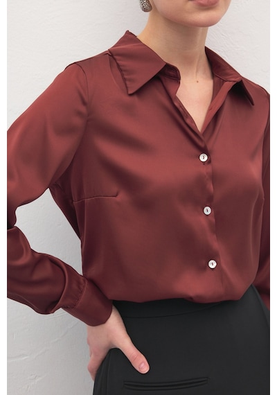 Sateen Saten Gömlek - Bordo-137000 Bordo