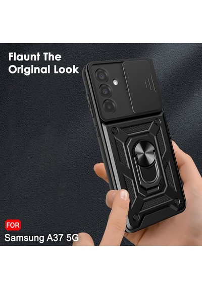 Samsung Galaxy A37 İle Uyumlu Kılıf Magnetik Standlı Kamera Korumalı Sürgülü Kapak Siyah