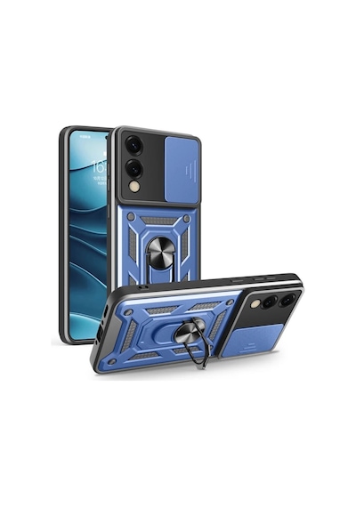 Samsung Galaxy S25 Edge Uyumlu Tank Kılıf Yüzüklü Standlı Extra Koruma Zırhlı Kapak - Lacivert