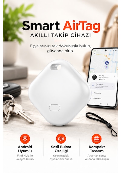 Kensa Airtag Apple iOS Uyumlu & Android Uyumlu Akıllı Takip Cihazı Sesli Bulma Özellikli Beyaz