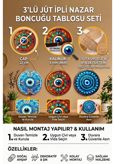 Nazar Boncuğu Kristal Mdf İpli Tablo Seti, 3 Lü Modern Duvar Dekoru, Salon, Oturma Odası, Ev İçin