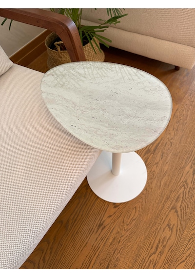 Traverten Mermer Desenli Modern 40x30 Cm Zigon Yan Sehpa 6 Mm Temper Cam