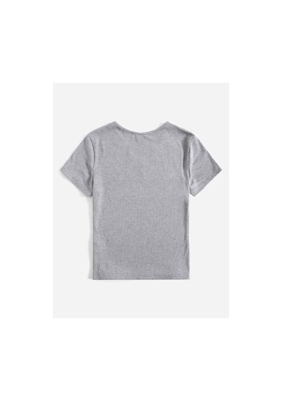 Liona V Yaka Gri Renk Fitilli Kısa Kollu Slim Fit Crop Top Bluz Gri
