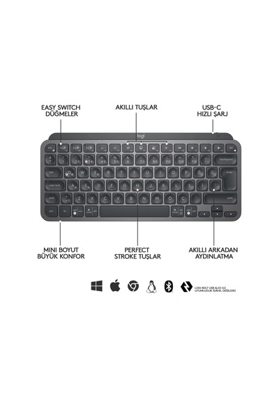 Logıtech Mx Keys Mını Mınımalıst Kablosuz Bluetooth Klavye