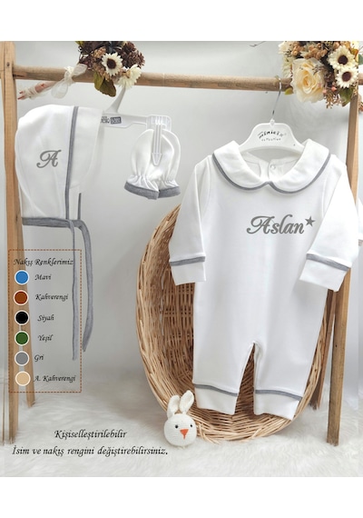 Gros Shop Biyeli 3'lü %100 Pamuklu Hastane Çıkış Tulum Seti Kişiye Özgü İsimli Nakış Desenli Gri