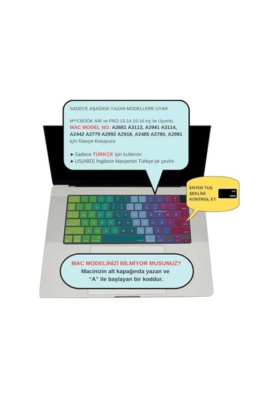 Apple Uyumlu MacBook Türkçe Q Klavye Koruyucu Us Amerikan Return Enter Uyumlu M1-m5 A2681 A3113 A3240 A3449 A29