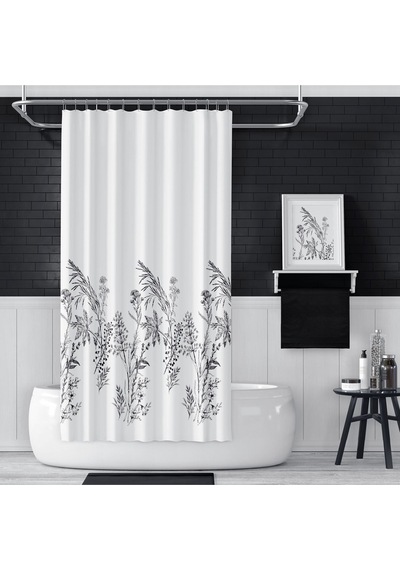 Banyo Perdesi 3389 1x180x200, Perde Borusu Askı Aparatı Köşe Boru Beyaz Hediyeli, Duş Perdesi Seti Beyaz