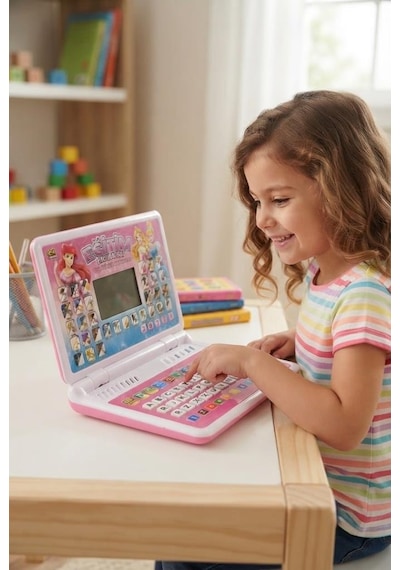 2'si 1 Arada 100 Fonksiyonlu Prenses Tasarımlı Pembe Türkçe Eğitici Oyuncak Laptop