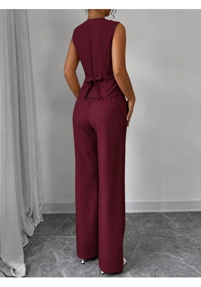 Efnaz Style Kadın Askılı Önden Düğmeli Bluz Ve Pantolon Keten Ikili Takım Bordo