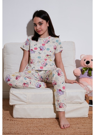 Lela % 100 Pamuk Bisiklet Yaka Kısa Kollu Kız Çocuk Pijama Takımı 6651004 Bej