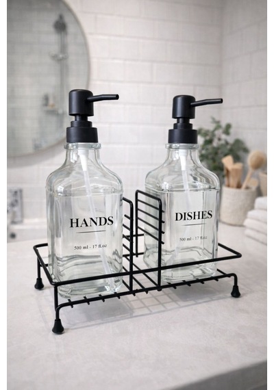 Karteya Siyah Metal Kare Sıvı Sabunluk Standı 250 Ml Ve 500 Ml Uyumlu 2 Adet Şişe Siyah