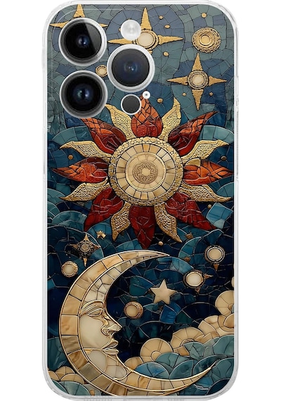 Printify Apple Uyumlu iPhone 14 Pro İle  Vitray Sol Ve Luna Tasarımlı Şeffaf Silikon Kılıf Şeffaf