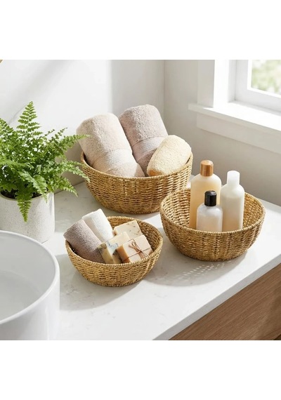 3 Lü Plastik Rattan Çanak Seti Hasır Görünümlü İç İçe Geçebilen Sunum Ve Düzenleme Kaseleri, Mutfa Çok Renkli