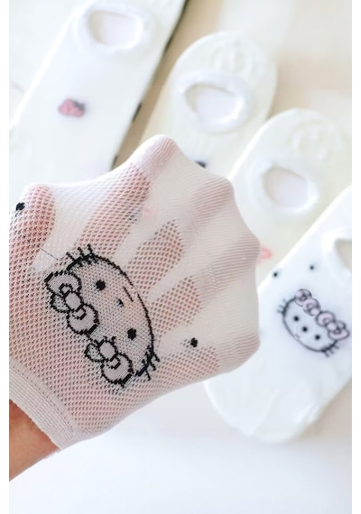 Hitit Socks Kadın 5 Çift Yumuşak Nefes Alabilen Karikatür Ve Sevimli Kedi Desenli Görünmez Çorap beyaz