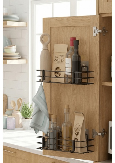 2'li Siyah Dolap Kapağı Yapışkanlı Raf Seti Mutfak & Banyo Düzenleyici Metal Organizer Siyah