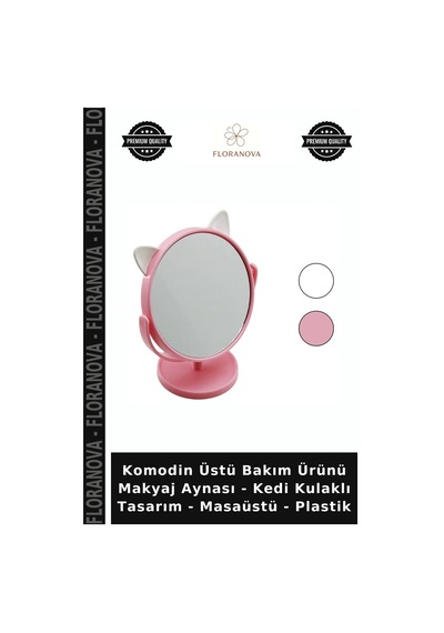 Komodin Üstü Bakım Ürünü Makyaj Aynası - Kedi Kulaklı Tasarım - Masaüstü - Plastik Çok Renkli