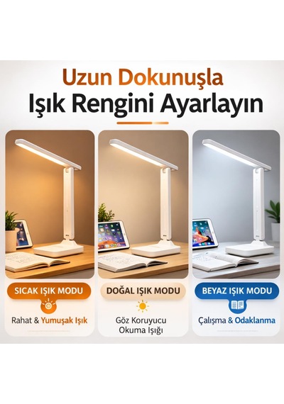 Coofbe Ayarlanabilir 3 Renkli Işık Şarjlı Masa Lambası Dokunmatik Katlanabilir Şarjlı Masa Lambası Beyaz
