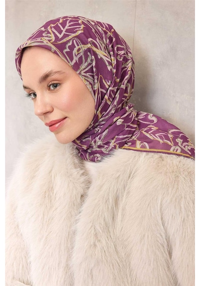 Silk Home Pamuk Polyester Soft Eşarp Violet Zemin Krem-hardal Lilyum Desenli Kaymaz Tok Duruşlu 90x90 Çok Renkli