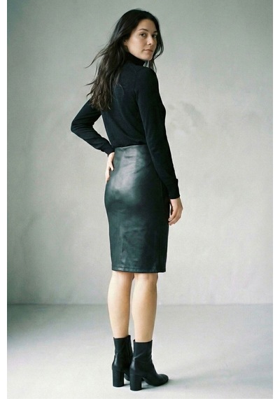 Sermoda Kalem Deri Etek - Bel Lastikli Slim Fit Midi Kalem Etek Ud Siyah
