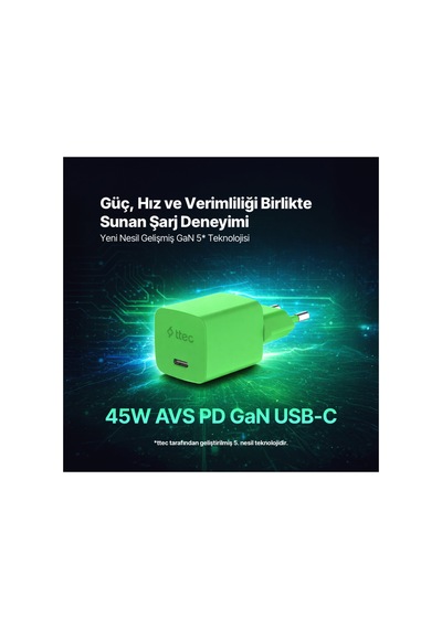 Ttec Smartcharger Gan 45w Avs Pd Seyahat Hızlı Şarj Aleti + Usb-c - Usb-c 3a 120 Cm Kablo Neon 55766917