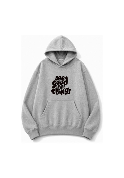 Herkesemoda See Good Baskılı Kanguru Cepli Oversize Sweatshirt Gri