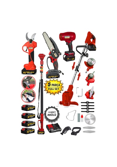 Red 500 Full 5 Li Bahçe Seti Makas 17 Cm Testere Hava Üfleme Çim Biçme Teleskop +4 Akülü