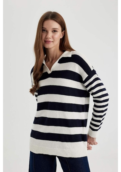 Defacto Regular Fit Çizgili Polo Yaka Tişört Tunik C2850AX24SPNV243 Lacivert