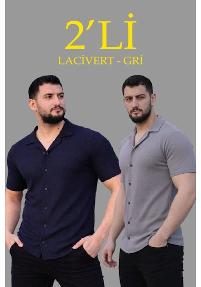 Mbb E-ticaret Erkek Waffle Kumaş Açık Yakalı Düğmeli Regular Fit Gömlek 2 Li Set Lacivert-gri