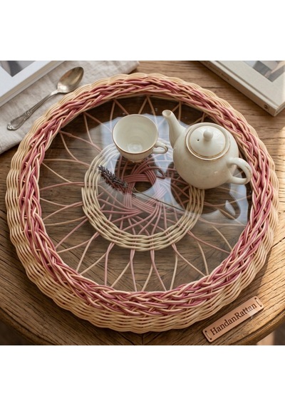 Handanrattan El Örgüsü Dekoratif Rattan Tepsi - 38 Cm Bohem Sunumluk Vişne&doğal