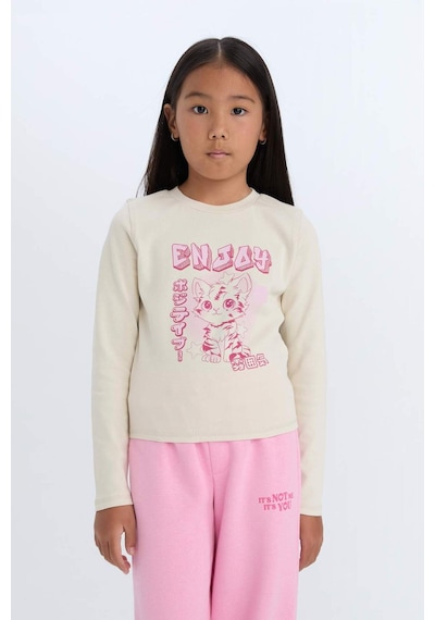 DeFacto Kız Çocuk Cropped Fit Bisiklet Yaka Baskılı Fitilli Kaşkorse Uzun Kollu Tişört D3430A824WNBG734 Bej