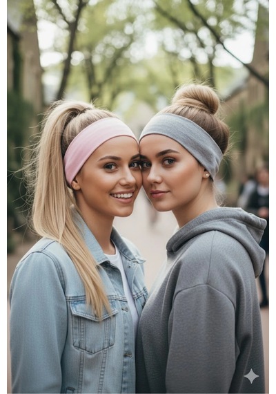 %100 Pamuklu Penye Esnek Yumuşak Spor Saç Bandı Süper İkili Takım Pembe-Gri