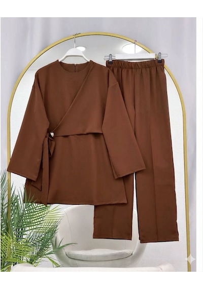 Lovie Moda Kruvaze Bağlamalı İkili Takım Kahverengi