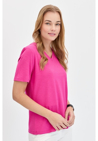 Kadın V Yaka Flamlı Kumaş Basic Tshirt Fuşya Fuşya