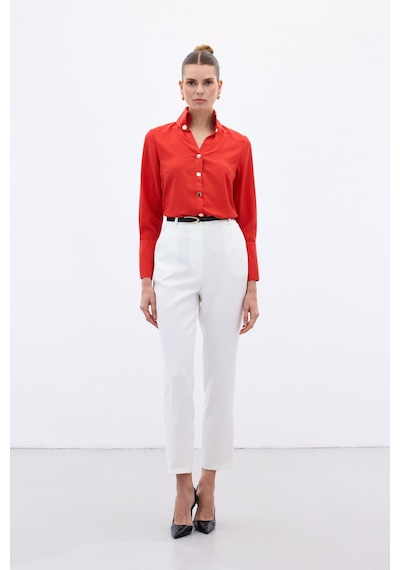 Sateen Çıt Çıt Detaylı Gömlek - Kırmızı-136558 Kırmızı