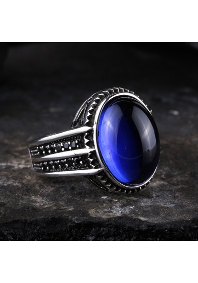 925 Ayar Gümüş Mavi Oval Taşlı Erkek Yüzük Silver