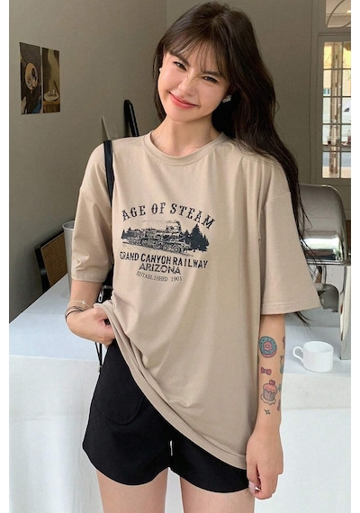 Unisex Age Of Steam Baskılı Tasarım Tshirt Bej